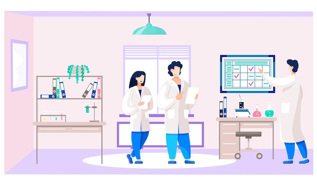 Doctors with medical report University students are practicing in laboratory People communicate and study in the hospital ward Schedule with notes on the background Medicine and healthcare concept
