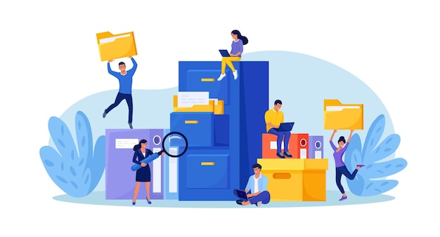 Document archiving and storage Business people search files in archives Support service database Men working with information documents and statistics in analytical department Folder in archive