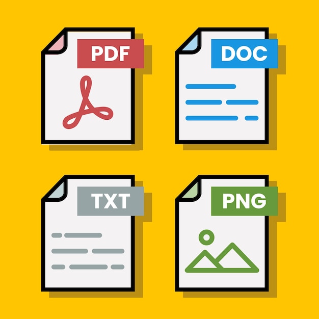 Document file folder download vector color format pdf doc xls jpg zip txt png json ppt csv xml ai mp