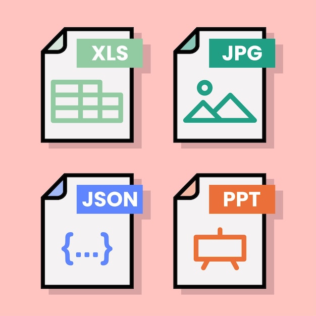 Document file folder download vector color format pdf doc xls jpg zip txt png json ppt csv xml ai mp