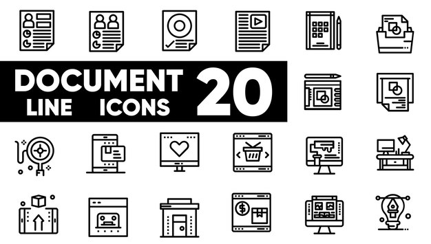 Document line icons vector and Illustrator set