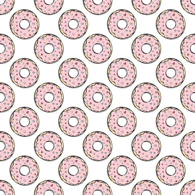 DONUT Delicious Treat Decorated With Hearts. Cartoon Hand Drawn Seamless Pattern
