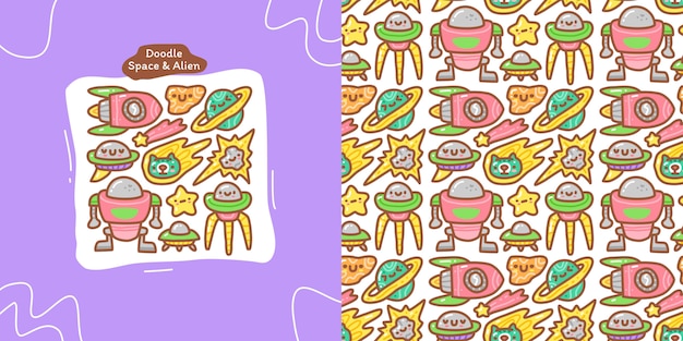 Doodle collection set of space and alien element and seamless pattern