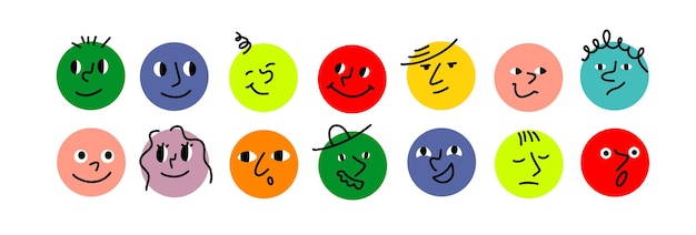 Doodle colorful face set abstract faces with different emotion hand drawn trendy illustration