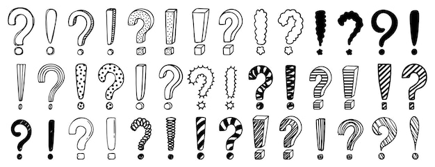 Doodle exclamation mark and question marks set Hand drawn drawing punctuation symbols creative ink stroke question exclamation mark icon set