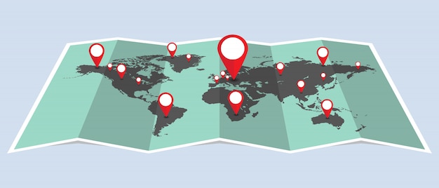 dots world map with pins illustration. dots that indicate location on map