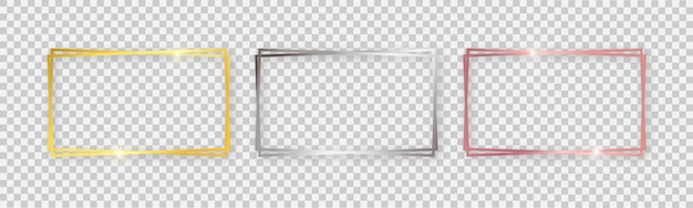 double rectangular shiny frames with glowing effects set of three gold silver and rose gold double rectangular frames with shadows on transparent background vector illustration