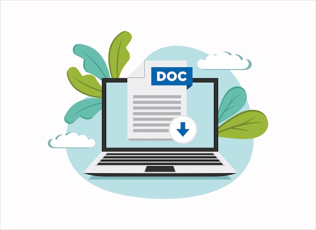 Download DOC icon file with label on laptop screen Downloading document concept Banner for business