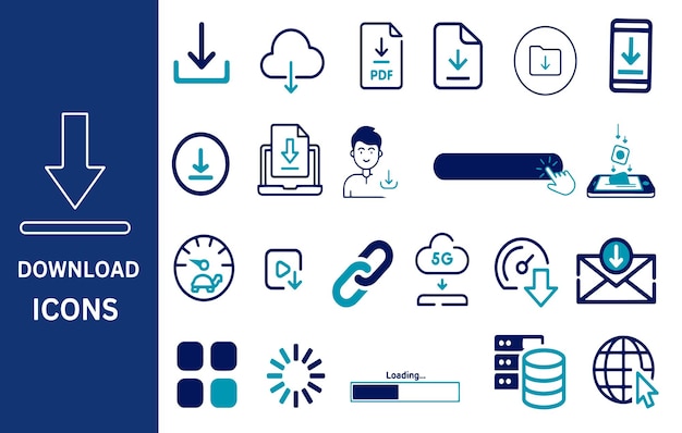 Download Icon Set Download file folder data and PDF icons Vector illustration