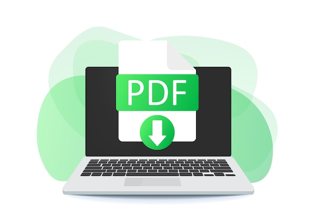 Download PDF button on laptop screen. Downloading document concept. PDF label and down arrow sign.
