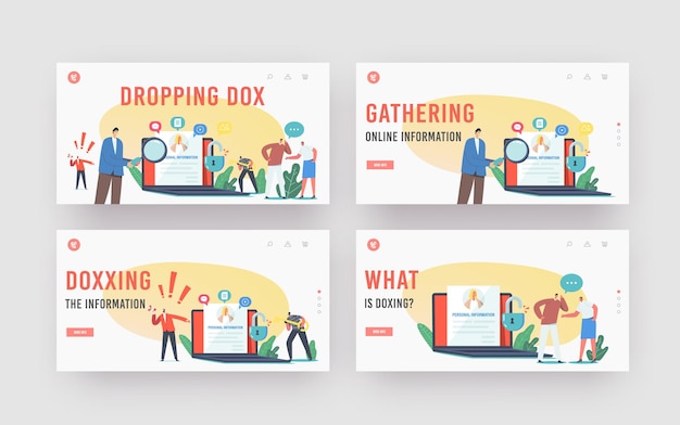 Doxing, Dropping Dox Landing Page Template Set. Hacker Character Gathering Individuals Data and Making It Public. Online Information Hacking Result Dissemination. Cartoon People Vector Illustration