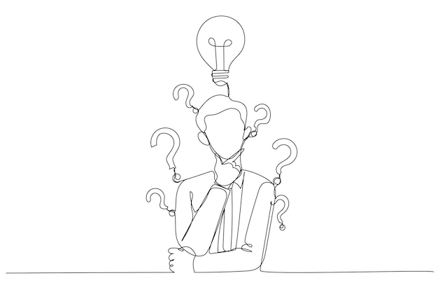 Drawing of businessman with question mark and lamp Continuous line art style