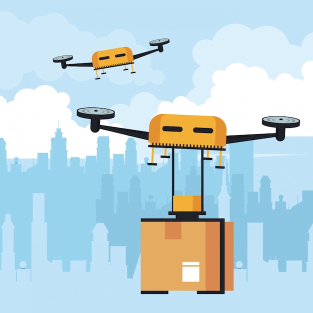 Drone flying with box at city