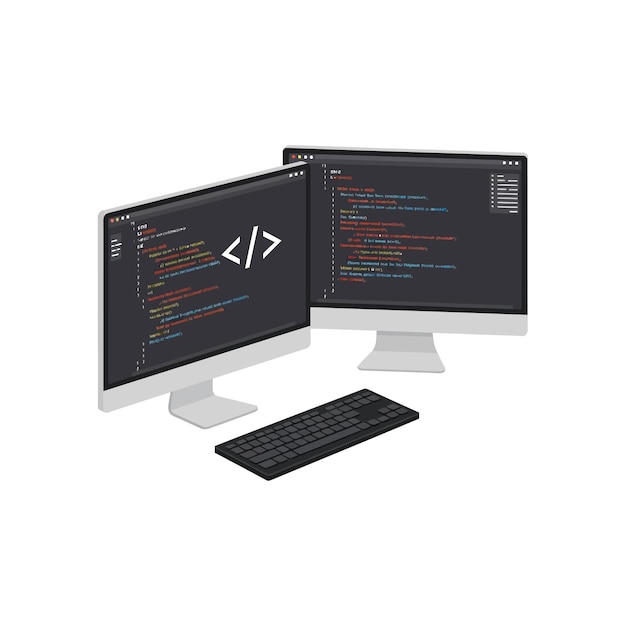 Dual computer monitors displaying colorful programming code with black keyboard flat design vector illustration