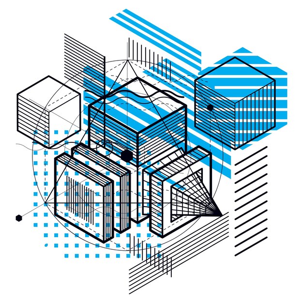 Đường nét và hình dạng nền 3d isometric vector trừu tượng. Bố cục của hình khối, hình lục giác, hình vuông, hình chữ nhật và các yếu tố trừu tượng khác nhau.