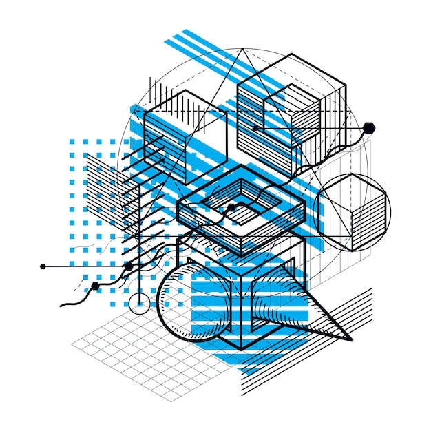 Đường nét và hình dạng nền 3d isometric vector trừu tượng. Bố cục của hình khối, hình lục giác, hình vuông, hình chữ nhật và các yếu tố trừu tượng khác nhau.