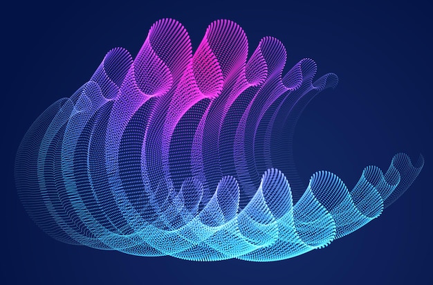 Dynamic magic particles wave flowing over dark, transparent tulle textile on wind. Dotted curves vector abstract background. Beautiful 3d wave shaped array of blended points.