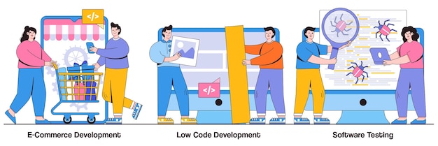 E-commerce development, low code development, IT software testing concept with tiny people. Application software vector illustration set. Online shopping app coding, QA team, bug fixing metaphor.