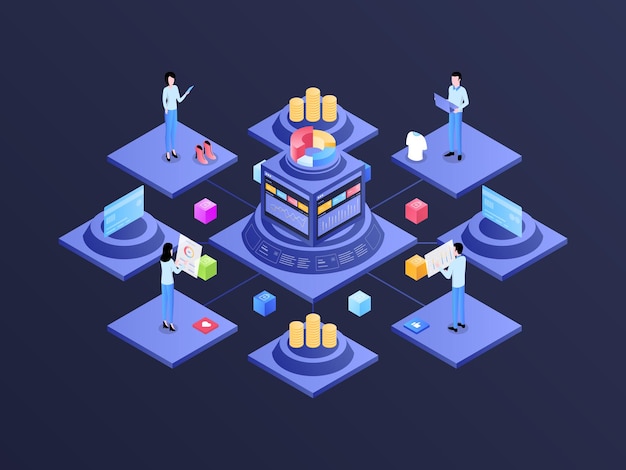 e-commerce integrated accounting isometric illustration dark gradient. suitable for mobile app, website, banner, diagrams, infographics, and other graphic assets.