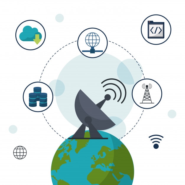 earth globe with antenna and network communication icons 