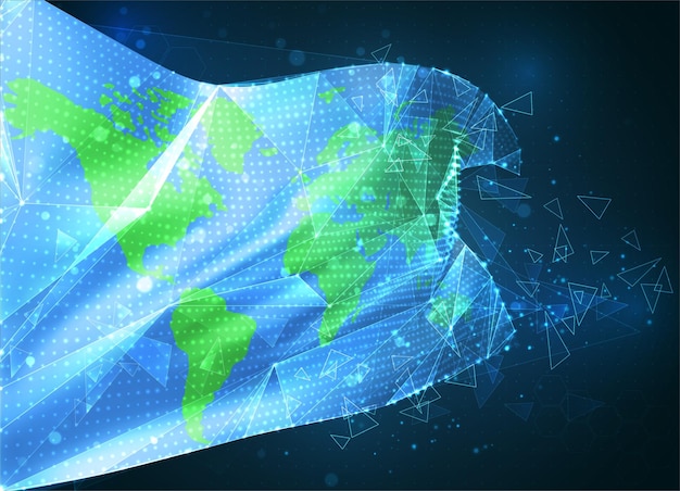 earth protection vector flag, virtual abstract 3d object from triangular polygons on a blue background