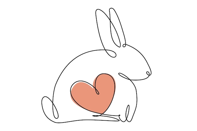 Easter bunny with heart continuous one line drawing. Rabbit simple image. Minimalist vector illustration.