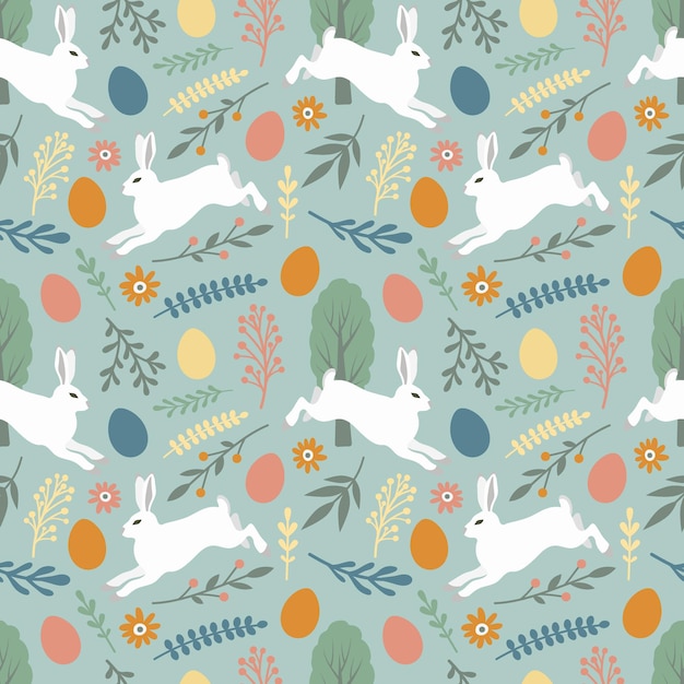 Easter seamless pattern Easter bunny eggs flowers and plants Pastel vector illustration for fabric wrapping paper cover chocolate packaging or gifts