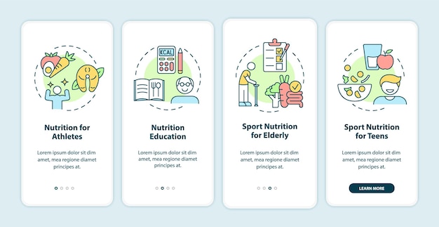 Eating for exercise and sports onboarding mobile app screen. Nutrition walkthrough 4 steps graphic instructions pages with linear concepts. UI, UX, GUI template. Myriad Pro-Bold, Regular fonts used
