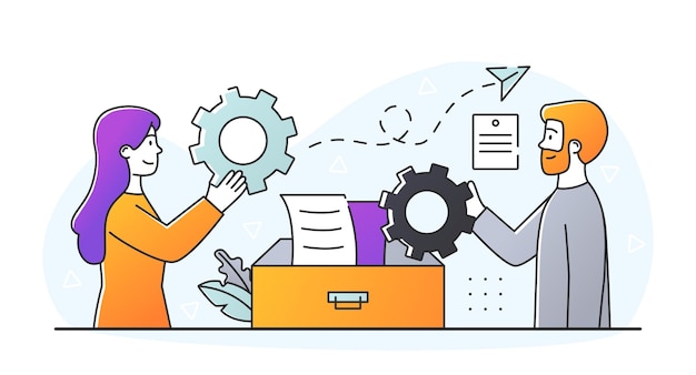 Ecommerce for business man and woman set up email for online marketing colleagues take letters from