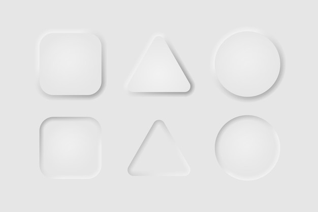 Editable neumorphism button set in shape of square triangle and circle For web design mobile app menu Soft light shadows trendy style UI components Vector illustration