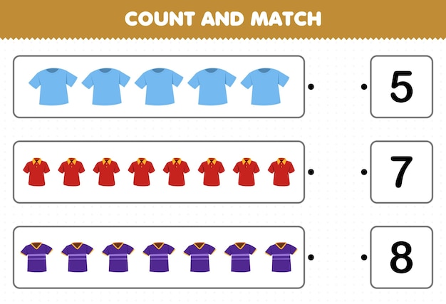 Education game for children count and match count the number of cartoon wearable clothes t shirt and match with the right numbers printable worksheet