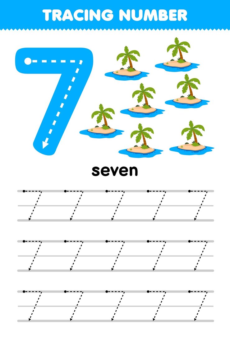 Vector education game for children tracing number seven with cute cartoon island picture printable nature worksheet