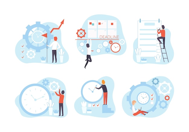 Effective Time Management with Man Organizing Time on Clock and Calendar Vector Set