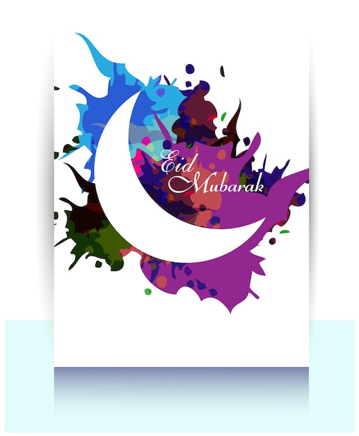 eid mubarak greeting card with watercolor splash and crescent moon