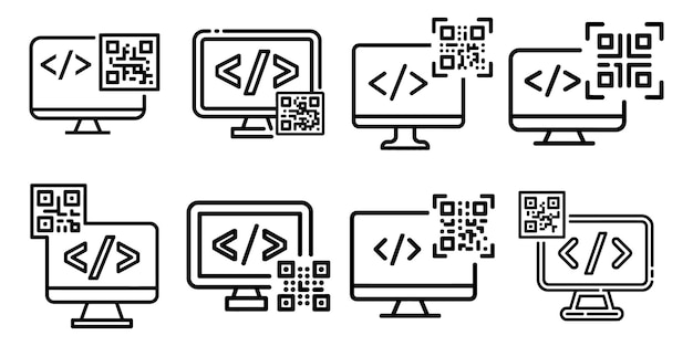 eight computer monitors displaying code and qr codes in black outline screen coding