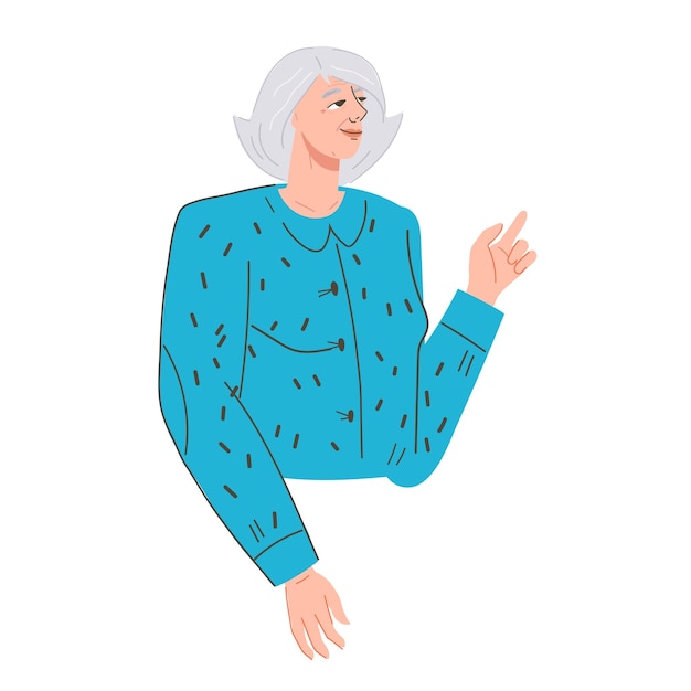 Elderly woman of retirement age thinking with her hand on her cheek flat vector illustration isolated Senior modern thoughtful woman character