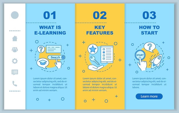 elearning onboarding mobile web pages vector template education online learning interactive training responsive smartphone website interface webpage walkthrough step screen color linear concept