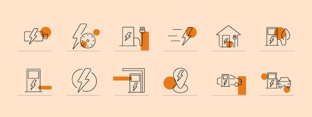 Electric car set icon Charging station battery speed home charger ecofriendly plug leaf energy Sustainable transport concept Vector line icon on dark background