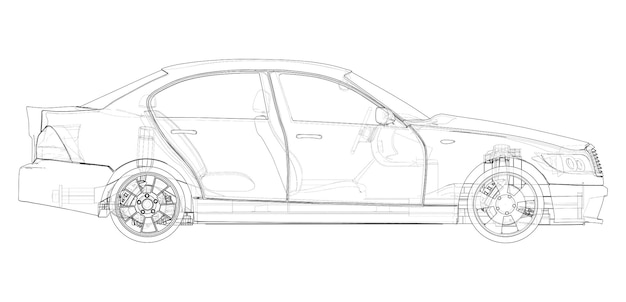 Electric Vehicle Sketch. Vector rendering of 3d. Wire-frame style. The layers of visible and invisible lines are separated. Orthography or isometric