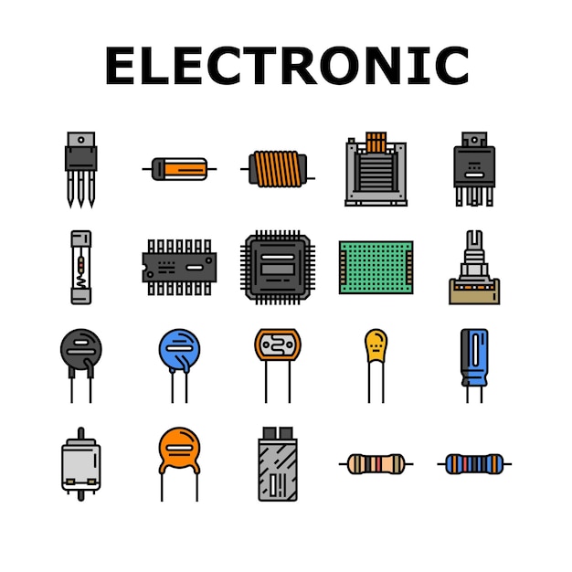 Electronic component circuit chip icons set vector