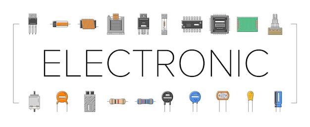 Electronic component circuit chip icons set vector