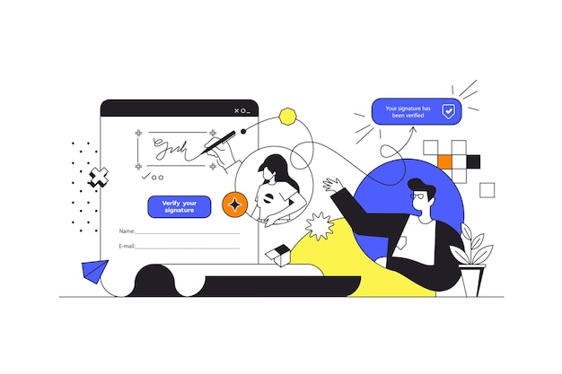 Electronic contract web concept in flat outline design with characters