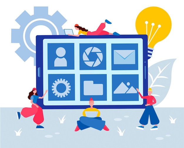 Electronic gadget programming Technical support of applications development team Vector Illustration