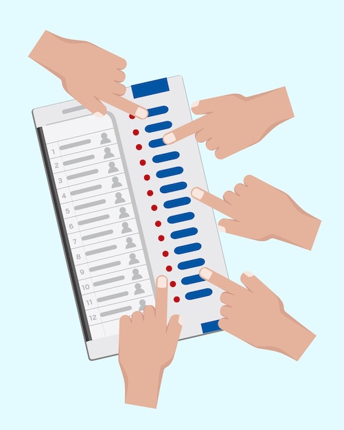 electronic voting machine, hands casting vote on evm, election symbol vector illustration