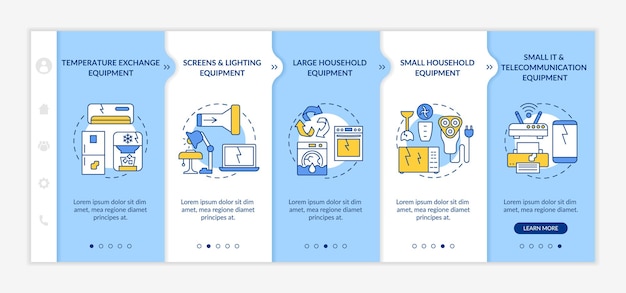 Electronic waste groups onboarding vector template. Responsive mobile website with icons. Web page walkthrough 5 step screens. Temperature exchange equipment color concept with linear illustrations