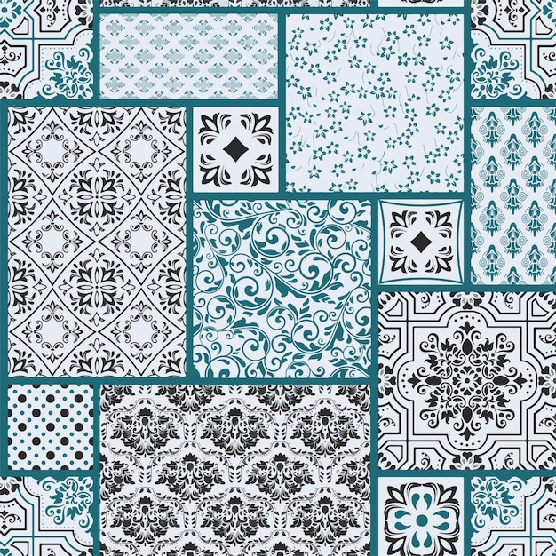 Elegant patterned patchwork design in teal and black