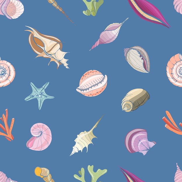 Elegant seamless pattern with seashells or shells of molluscs on blue background.