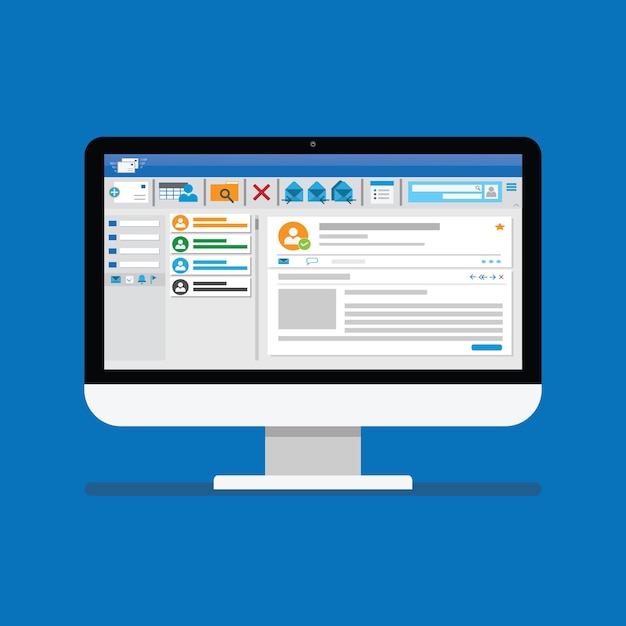 Email client software on Computer screen flat icon. Mailing template internet mail frame interface for mail message.