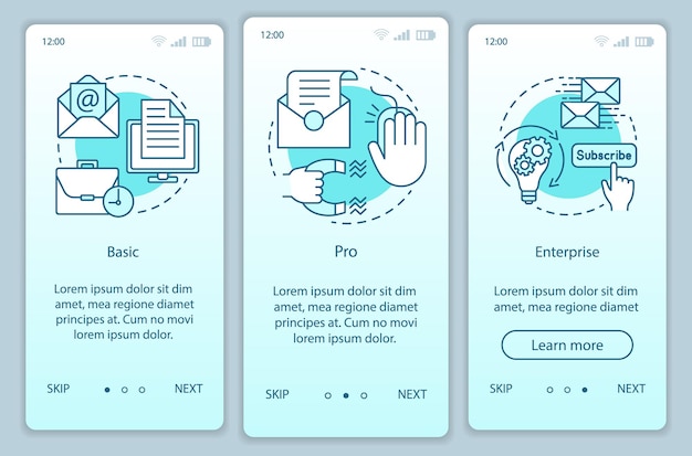 Email marketing subscription onboarding mobile app page screen vector template. Basic or pro tariffs. Walkthrough website steps with linear illustrations. UX, UI, GUI smartphone interface concept