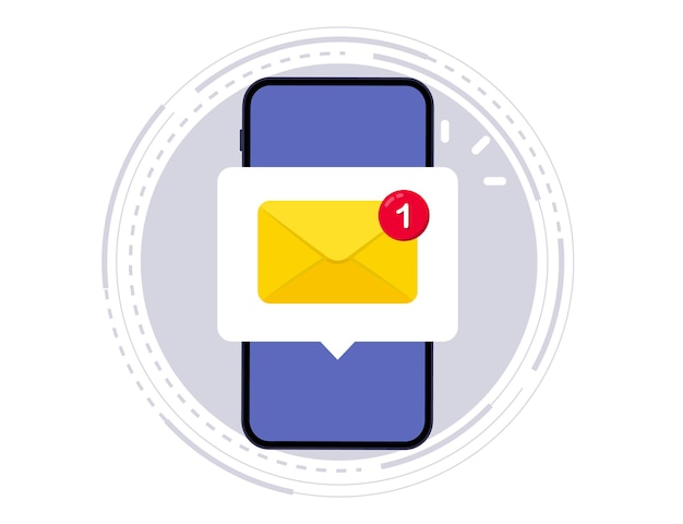 Email notification. New email notification on the smartphone screen. New message on the phone. Mail application, envelope with new message. Unread email notification. Vector illustration